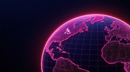 Poster - Vibrant Digital Globe Illustration with Neon Pink Elements in Space