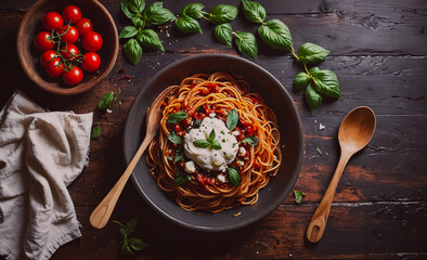 Poster - Bowl of pasta with a white sauce and a spoon next to it. A bowl of tomatoes and basil is on the table