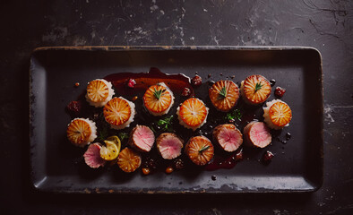 Aufkleber - Black tray with a variety of food items on it. The food items include meat, vegetables, and fruit