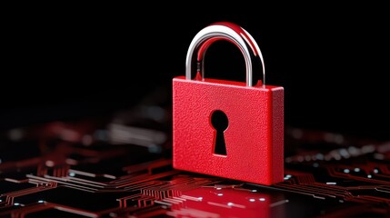Poster - Red Padlock on Digital Circuit Background with Keyhole Design
