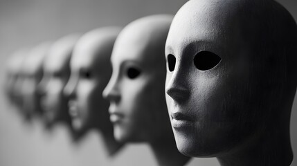 Poster - A Row of Monochrome Mannequin Heads Displaying Expressions of Emotion and Identity in a Minimalist Artistic Style