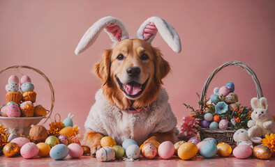 Poster - Cute dog is wearing bunny ears and is laying on a table with a basket full of Easter eggs. The eggs are spread out all around the dog and the table, creating a festive and playful scene