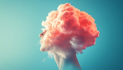 Poster - Surreal Concept of Imagination Represented by a Woman with Hair Made of Soft Pink Clouds Against a Gradient Blue Background