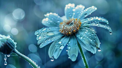Poster - Close Up of Blue Flower with Water Droplets, Showcasing Delicate Petals and Vibrant Beauty in Nature, Enhanced by Soft Bokeh for Serene Atmosphere.