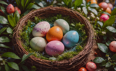 Aufkleber - Basket of eggs with different colors and designs. The basket is in a garden with green grass and leaves