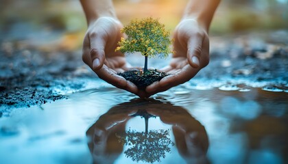 Aufkleber - Hands Cradling a Small Tree Seedling Surrounded by Water, Symbolizing Nature, Growth, Environmental Protection, and Sustainability in a Serene Landscape