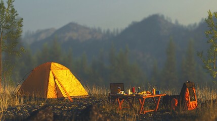 Canvas Print - Sunrise camping scene with tent, table, and backpack.