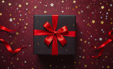 Poster - Black box with a red bow on top. There are many stars scattered around the box