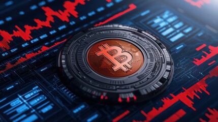 Poster - Bitcoin Cryptocurrency Symbol on Digital Background with Graphs