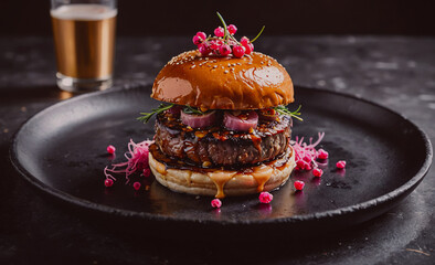Poster - Burger with pink onions and a bun on a black plate. The bun is slightly burnt. A glass of beer is on the table
