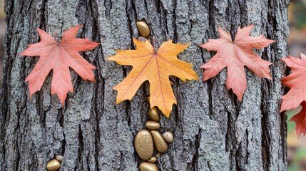 Canvas Print - Autumn Leaves and Gold Stones on Tree Bark Background