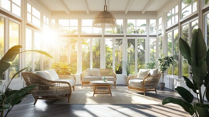 Wall Mural - Bright and airy sunroom with plants and comfortable seating for relaxation.