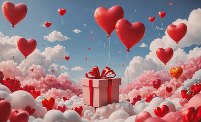 Poster - Box with a red ribbon sits in the middle of a cloud of red balloons. The balloons are scattered all around the box and the sky