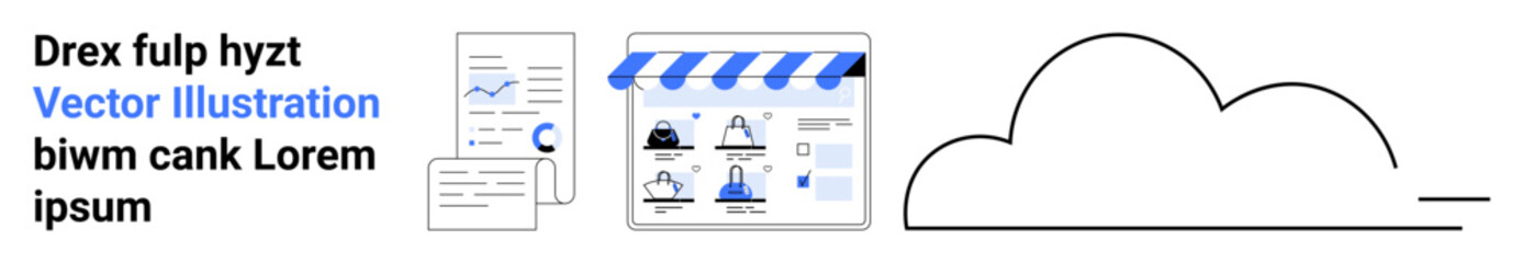documents with graphs, an online store interface, and a cloud icon with placeholder text. ideal for 