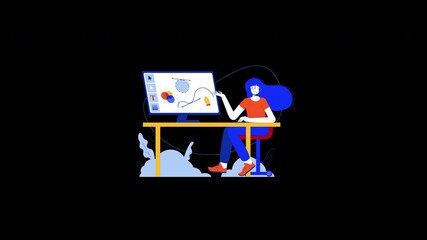 Poster - A woman of European descent illustrating on a digital tablet with colorful graphics and designs in a minimalist workspace.
