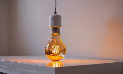 Aufkleber - Light bulb is lit up and has the letters W and O on it. It is hanging from a cord