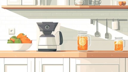 Wall Mural - Sunny kitchen countertop with coffee maker, fruit bowl, and mason jars of infused water.