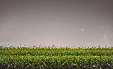 Poster - Field of grass with a cloudy sky in the background. The grass is green and the sky is gray