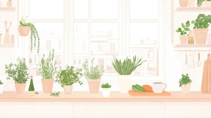 Wall Mural - Kitchen windowsill with herbs, vegetables, and coffee.