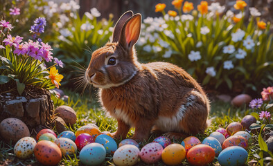 Poster - Brown rabbit is sitting on a bed of Easter eggs. The eggs are scattered around the rabbit, with some closer to the rabbit and others further away