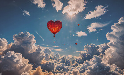 Poster - Red heart balloon is flying in the sky. There are clouds in the sky