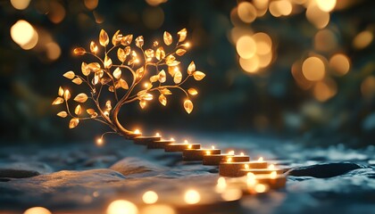 Poster - Enchanted Tree with Glowing Leaves and Candles on a Serene Background Creating a Magical and Peaceful Atmosphere for Relaxation or Meditation