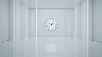 A minimalist digital alarm clock in a futuristic, all-white room.