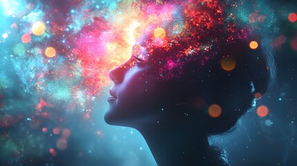 Aufkleber - Ethereal Portrait of a Woman with Cosmic Elements and Colorful Galaxy Effects Surrounding Her Head, Representing Imagination and Dreams in a Surreal Setting