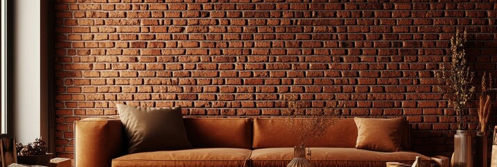 Poster - Cozy Living Room with Brick Wall and Earthy Tones - Stylish Interior Design Inspiration