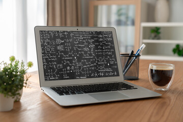 Poster - mathematic equations and modish formula on computer screen showing concept of science and education