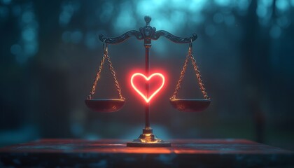 Poster - Symbolic Representation of Justice and Love with Balance Scale Featuring a Glowing Heart, Ideal for Concepts Related to Fairness, Emotion, and Relationships
