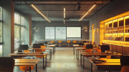 Poster - Modern Flexible Office Workspace Interior with Rows of Desks