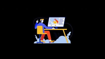 Poster - A person of undefined ethnicity sitting at a desk, using a computer with a creative design background.