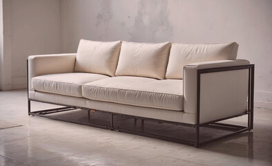 Poster - White couch with a black frame. The couch is sitting on a tile floor. The couch is made of leather