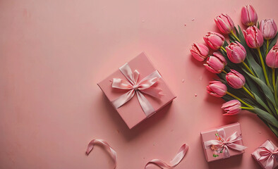 Poster - Pink box with a ribbon on top of a pink background. There are two other boxes on the background