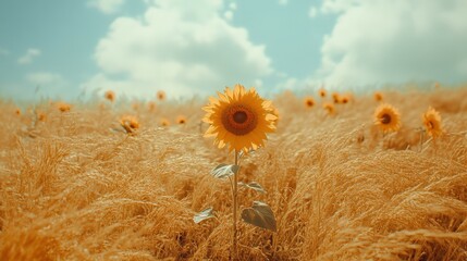 Canvas Print - Vibrant sunflower stands tall in golden field under bright blue sky