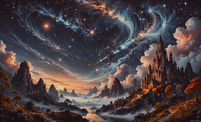 Poster - painting of a castle and mountains with a sky full of stars. the sky is dark and cloudy