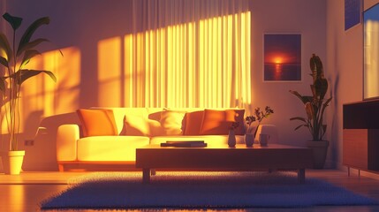 Wall Mural - Cozy living room bathed in warm sunlight, featuring a sofa and a coffee table.