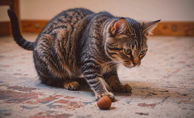 Cat is playing with a toy. The toy is a small acorn. The cat is sitting on the floor