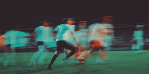 dynamic soccer action under stadium lights with motion blur and retro vintage colors, capturing the energy, intensity, and nostalgia of a cinematic and timeless sports moment