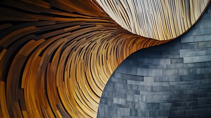 Poster - Wooden Swirl Meets Stone Wall Architectural Design
