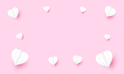 Wall Mural - Heart paper cut background.Love symbol vector graphic illustration backdrop wallpaper.Valentine's day, wedding, love, anniversary, mother, marriage.White hearts on pink background.