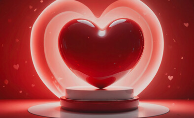 Poster - Red heart is on a white pedestal. The heart is surrounded by a red circle. There are many red hearts in the background