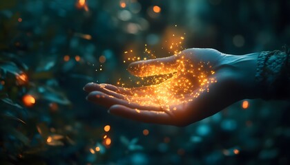 Poster - Glowing Particles Emanating from Open Hand in Mystical Forest Scene, Captivating Light Effects and Nature's Wonders, Magical Serenity in Soft Focus