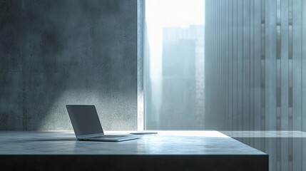 Poster - Modern Office Workspace with Laptop on Table and City View
