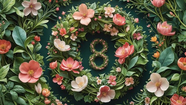 Botanical Banner to Celebrate International Woman's Day. Green Floral Design with Number 8