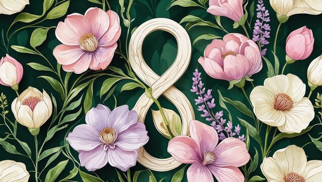 Botanical Banner to Celebrate International Woman's Day. Green Floral Design with Number 8