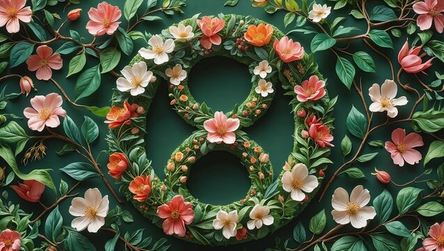 Botanical Banner to Celebrate International Woman's Day. Green Floral Design with Number 8