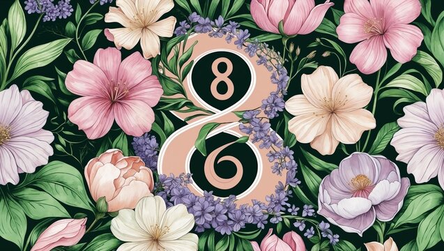 Botanical Banner to Celebrate International Woman's Day. Green Floral Design with Number 8