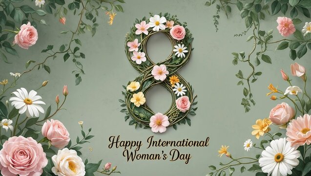 Botanical Banner to Celebrate International Woman's Day. Green Floral Design with Number 8